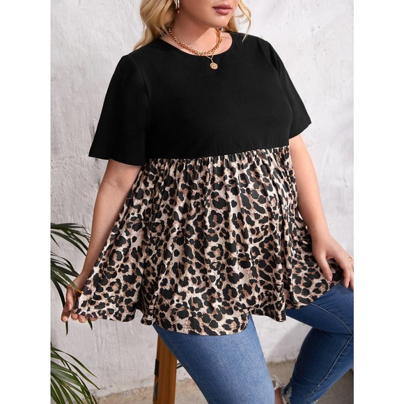 PLUS SIZE Maternity Leopard Ruffle Hem short sleeve tee black tan - Picture 3 of 5